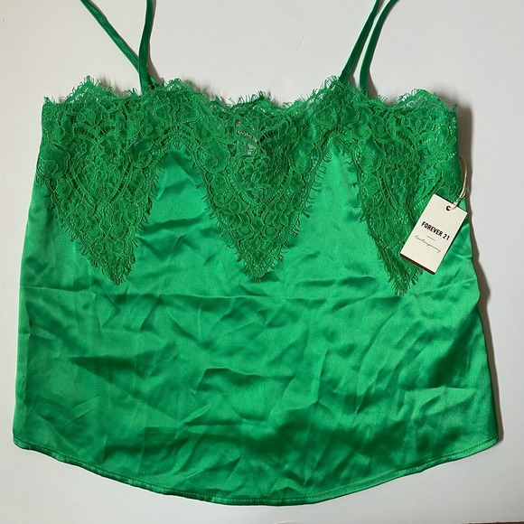 Green Silk Tank Top with lace - Picture 1 of 4